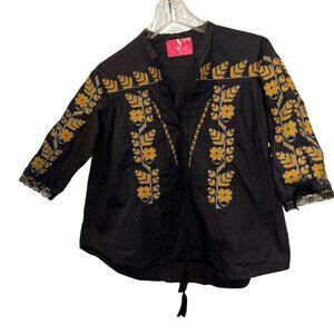 you black mustard Ukrainian style embroidered tunic top HOLIDAY S